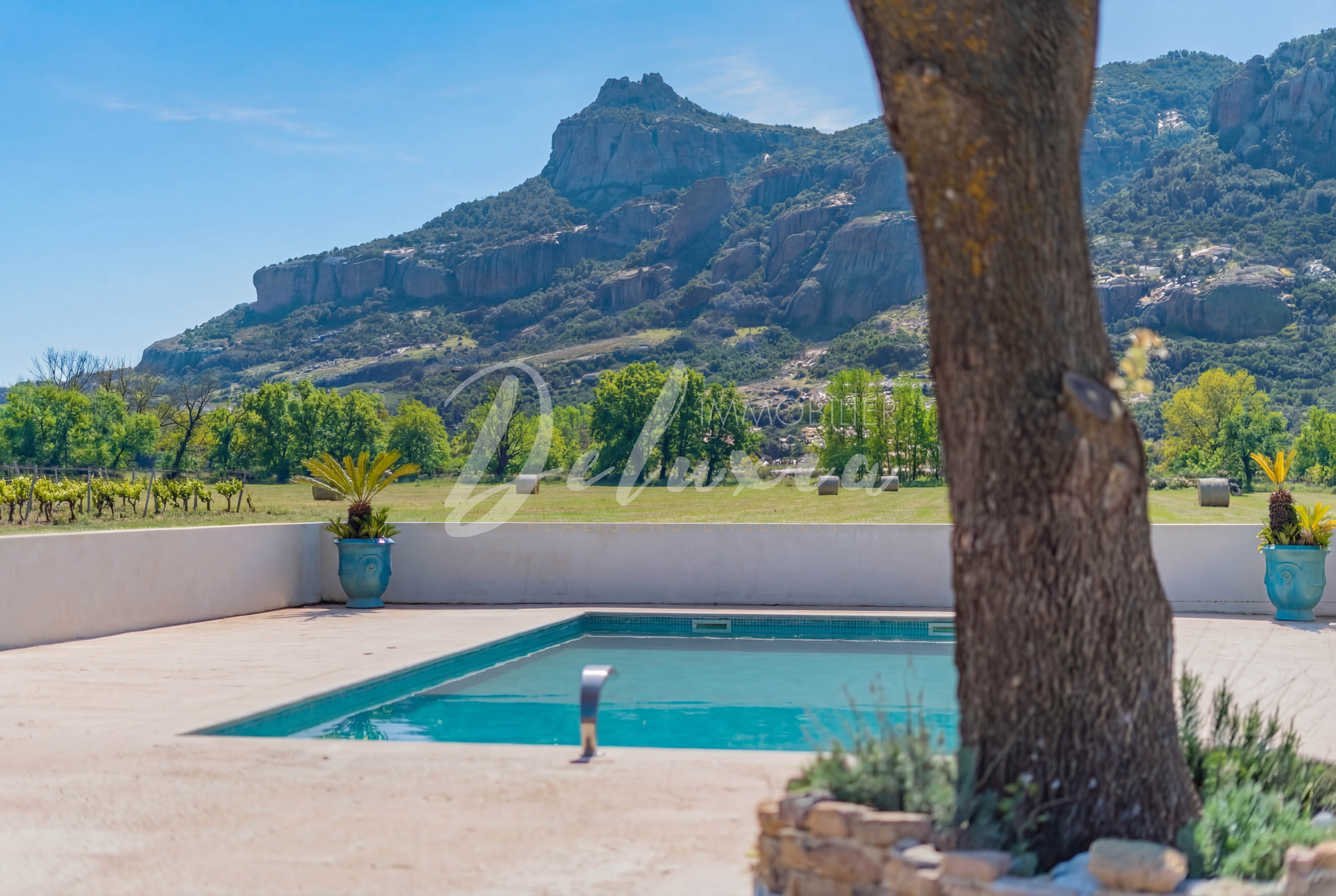 Piscine avec vue imprenable sur le rocher de Roquebrune-sur-Argens. 